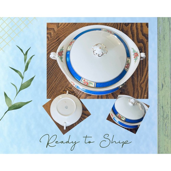 Allertons Ltd. Covered Casserole, English  Bone China, ALL5, Blue Band, Floral - Picture 1 of 10